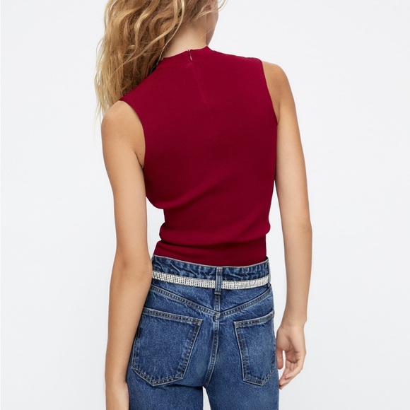 Zara Wine Burgundy Red Knit Cutout Square Neck Stretchy Top NWT - Picture 9 of 9
